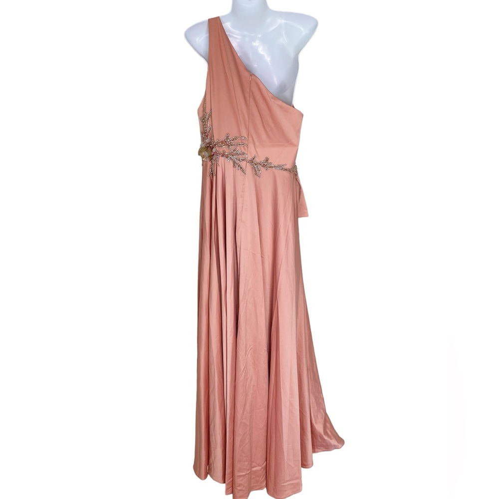 Mac Duggal Peach Pink Embellished Beaded Satin One-Shoulder Gown Prom Dress - Picture 5 of 7